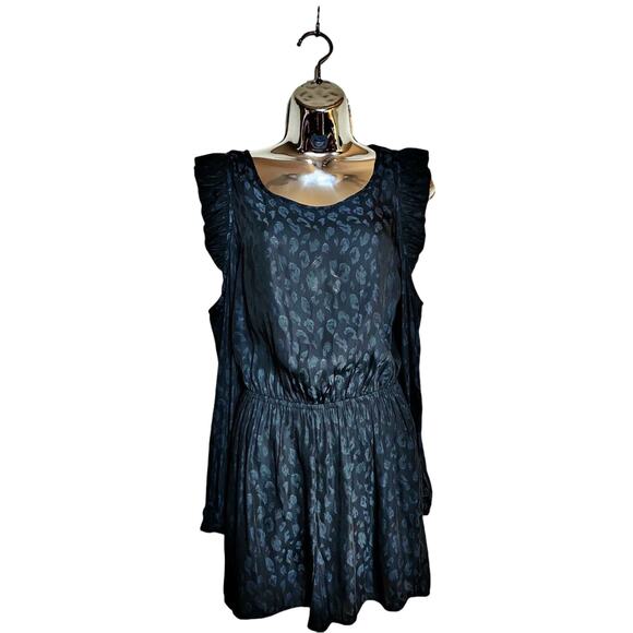 AVEC LES FILLES Romper Animal Print Black Teal Cold Shoulder Ruffle LS Small EUC - Picture 2 of 9